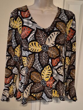 Kim Rogers Brown Multi Floral V-Neck Long Sleeve Top